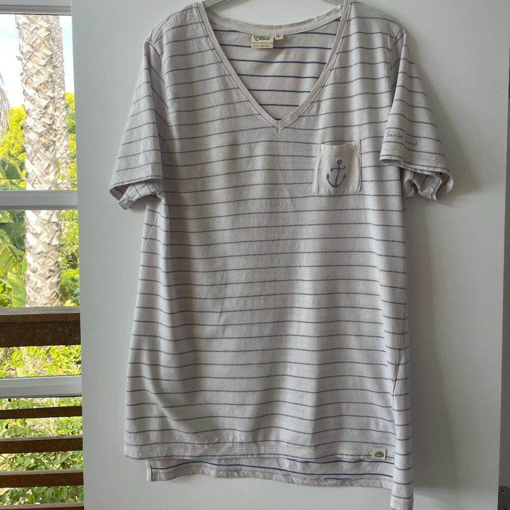 Sanibel Island Pacific Creations V-Neck Striped T-Shirt with Nautica Pocket, XL